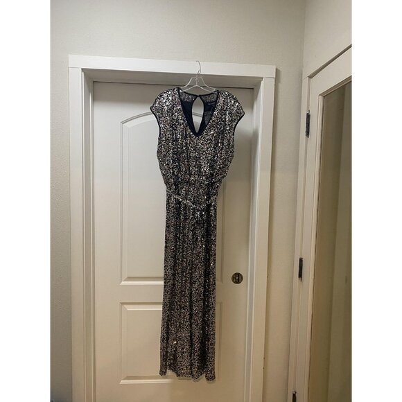 Boston Proper Jumpsuit Womens Medium Black Sequin Keyhole Belted Formal Party - Picture 2 of 4